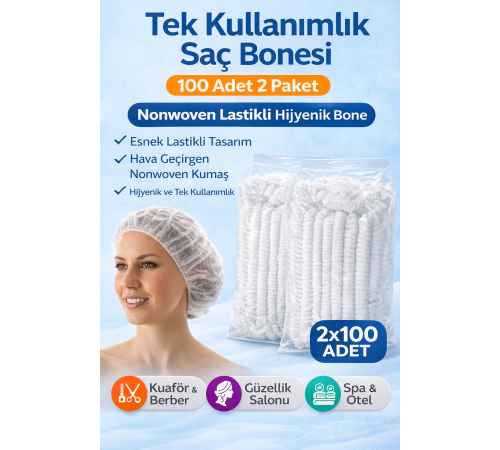 Tek Kullanımlık Saç Bonesi 100'LÜ 2 Paket Nonwoven Lastikli Hijyenik Bone Toplam 200 Adet