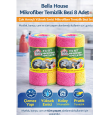 Bella House Mikrofiber Temizlik Bezi 8 Adet (4'lü 2 Rulo) Çok Amaçlı Yüksek Emici Mikrofiber Temizlik Bezi Seti