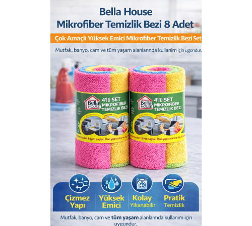 Bella House Mikrofiber Temizlik Bezi 8 Adet (4'lü 2 Rulo) Çok Amaçlı Yüksek Emici Mikrofiber Temizlik Bezi Seti