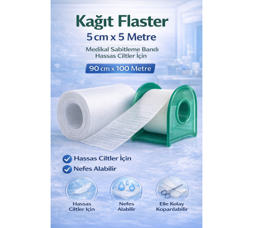 Kağıt Flaster 5 cm x 5 m Medikal Sabitleme Bandı Hassas Ciltler İçin 1 ADET
