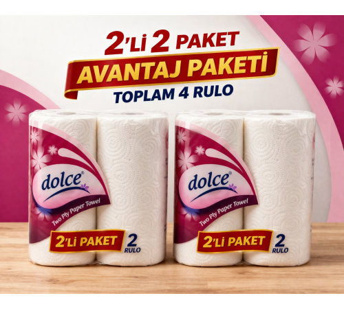 Dolce Çift Katlı Kağıt Havlu 2'li Rulo 2 Paket Yüksek Emicili Çok Amaçlı Kağıt Havlu