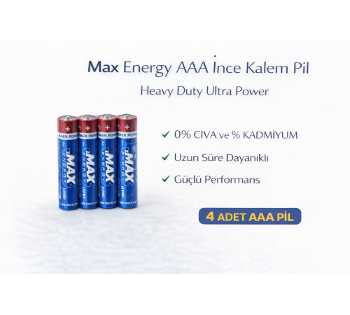 Max Energy AAA İnce Kalem Pil 1.5V R03 Heavy Duty Ultra Power 4 lü 1 Paket