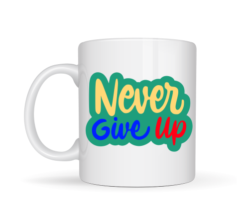 Never Give Up ASLA PES ETME Yazılı Porselen Kupa MODEL 145 – Motivasyon Temalı Renkli Tasarım – Kahve & Çay Kupası – Moral Veren Hediyelik Kupa