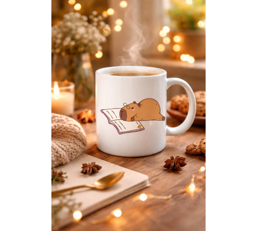 Kitap Okuyan Kapibara Tasarımlı Porselen Kupa MODEL 99 – Sıcacık Kahve Keyfi İçin Sevimli Tasarım