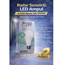 Radar Sensörlü LED Ampul 9 Watt Beyaz Işık 6500K Otomatik Yanan E27 Duy 2 Adet