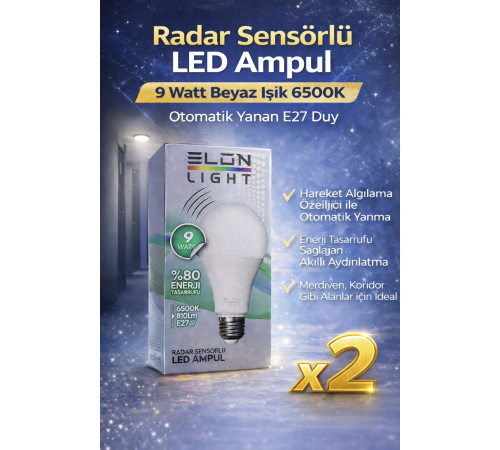 Radar Sensörlü LED Ampul 9 Watt Beyaz Işık 6500K Otomatik Yanan E27 Duy 2 Adet