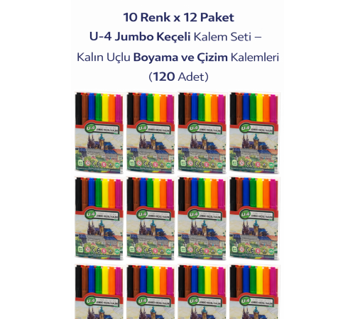 U-4 Jumbo Keçeli Kalem 10 Renk x 12 Paket – Kalın Uçlu Boyama ve Çizim Kalemi Seti (120 Adet)