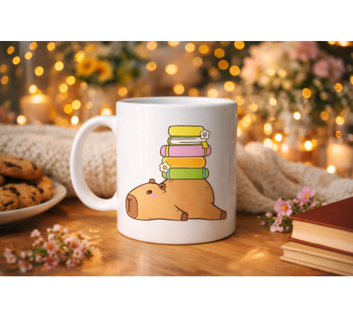Sevimli Kapibara Kitaplı Kupa MODEL 101 – Kahve & Çay Kupası Kitap Severlere Özel Tatlı Tasarım Porselen Kupa