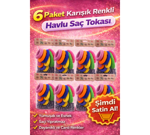 6’lı 6 Paket Karışık Renkli Havlu Saç Tokası Yumuşak Elastik Dayanıklı Lastik Toka Seti
