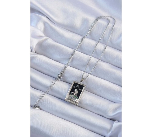 316L Çelik Zincir Gümüş Renk Zirkon Taşlı Siyah Mineli Kız Figürlü Tarot Kolye