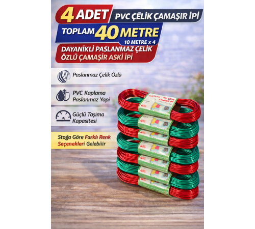 4 Adet PVC Çelik Çamaşır İpi 10 Metre Dayanıklı Çelik Özlü Çamaşır Askı İpi Toplam 40 Metre