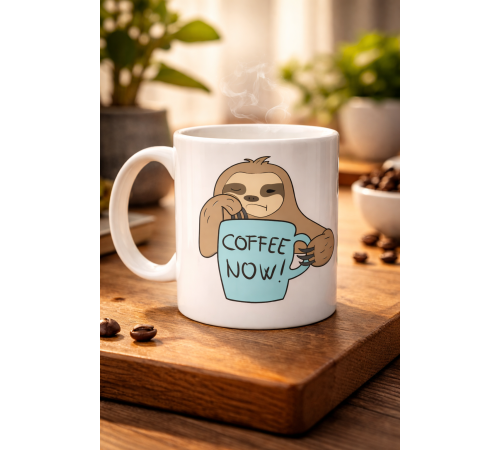 Tembel Hayvan Coffee Now Baskılı Porselen Kupa MODEL 197 – Eğlenceli Kahve Kupası – Ofis ve Ev Kullanımı İçin Sevimli Tasarım Kupa Bardak