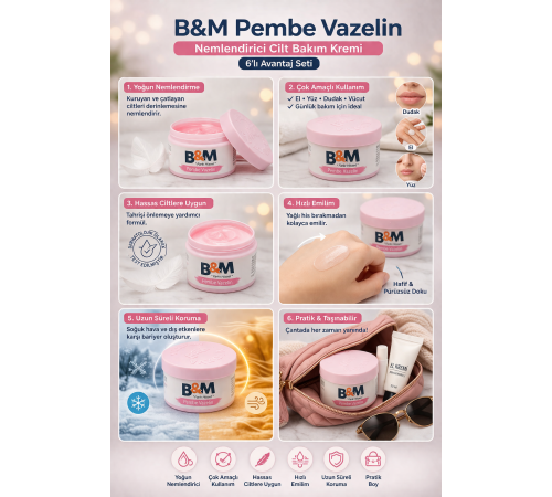 B&M Pembe Vazelin Nemlendirici Cilt Bakım Kremi Çok Amaçlı Vazelin 6 Adet