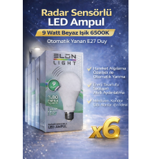 Radar Sensörlü LED Ampul 9 Watt Beyaz Işık 6500K Otomatik Yanan E27 Duy 6 Adet