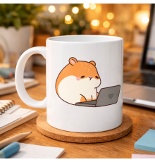 Laptoplu Hamster Desenli Porselen Kupa MODEL 112 – Sevimli Çalışkan Hamster Tasarımlı Kahve Kupası , Ofis & Ev İçin Tatlı Hediye
