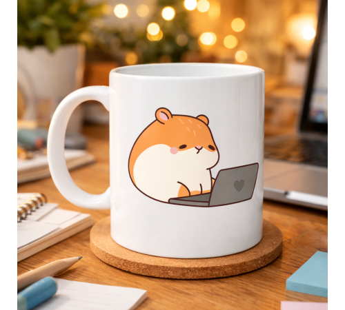 Laptoplu Hamster Desenli Porselen Kupa MODEL 112 – Sevimli Çalışkan Hamster Tasarımlı Kahve Kupası , Ofis & Ev İçin Tatlı Hediye