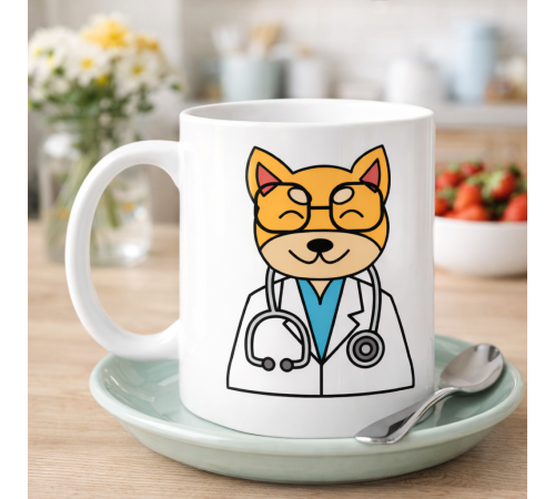Doktor Kedi Tasarımlı Porselen Kupa MODEL 174 – Sevimli Veteriner / Doktor Kedi Kahve Kupası – Kedi Severlere ve Sağlık Çalışanlarına Hediye