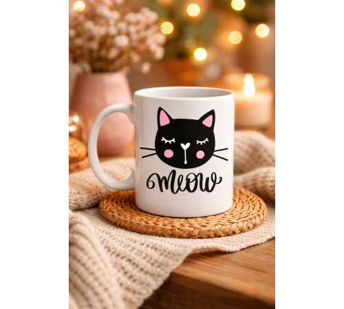 Sevimli Kedi Desenli Porselen Kupa MODEL 63 – “Meow” Yazılı Kahve & Çay Keyfi İçin Tatlı Tasarım