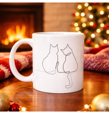 Minimal Çizim İki Kedi Desenli Porselen Kupa MODEL 77 – Sevgi Temalı Şık Tasarım, Kahve & Çay Kupası