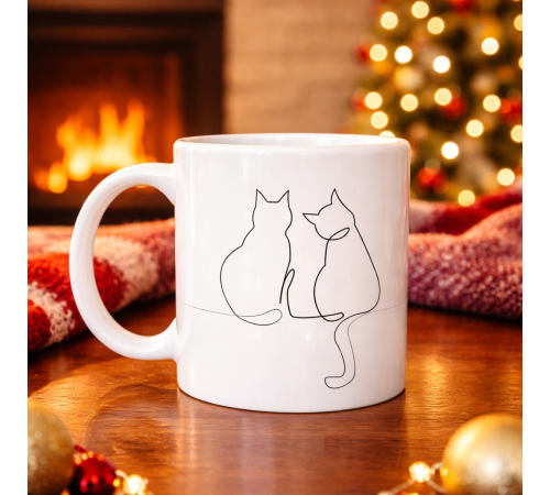 Minimal Çizim İki Kedi Desenli Porselen Kupa MODEL 77 – Sevgi Temalı Şık Tasarım, Kahve & Çay Kupası