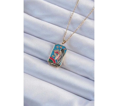 316L Çelik Zincir Altın Renk Taç ve Kız Figürlü Renkli Mineli Tarot Kolye