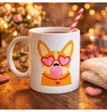 Sevimli Corgi Desenli Porselen Kupa Model 44 – Kalpli Gözlüklü Köpek Tasarımlı, Eğlenceli & Hediye Fikri
