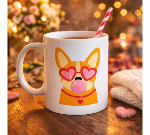 Sevimli Corgi Desenli Porselen Kupa Model 44 – Kalpli Gözlüklü Köpek Tasarımlı, Eğlenceli & Hediye Fikri