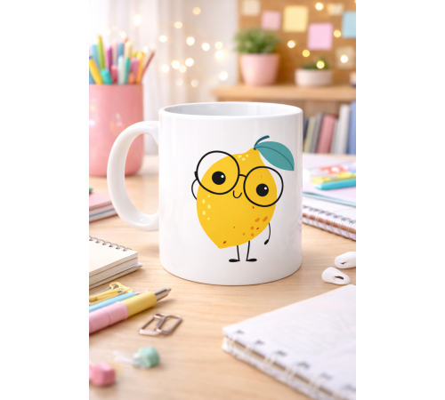 Sevimli Limon Tasarımlı Porselen Kupa MODEL 121 – Gözlüklü Tatlı Limon Figürlü Kahve & Çay Kupası