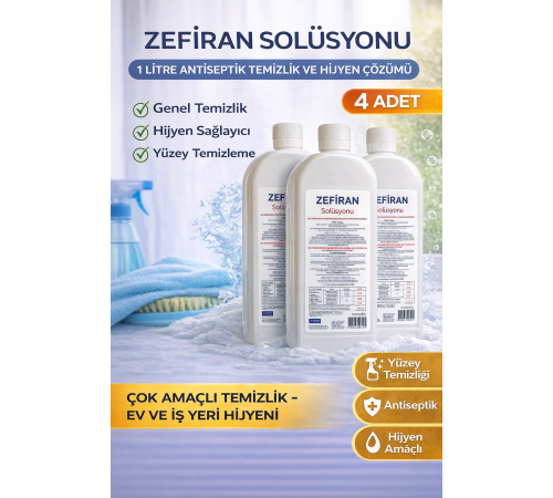 Zefiran Solüsyonu 1 Litre 4 Adet Set Antiseptik Hijyen ve Çok Amaçlı Temizlik Solüsyonu