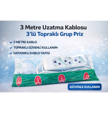 3 Metre Uzatma Kablosu 3’lü Topraklı Grup Priz 16A Dayanıklı Kablo
