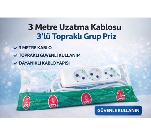 3 Metre Uzatma Kablosu 3’lü Topraklı Grup Priz 16A Dayanıklı Kablo
