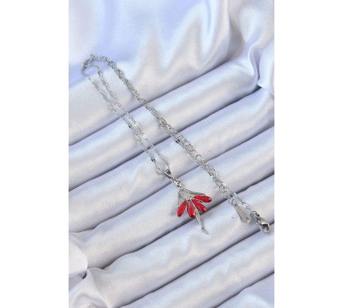 316L Çelik Zincir Gümüş Renk Kırmızı Etekli Zirkon Taşlı Balerin Kolye