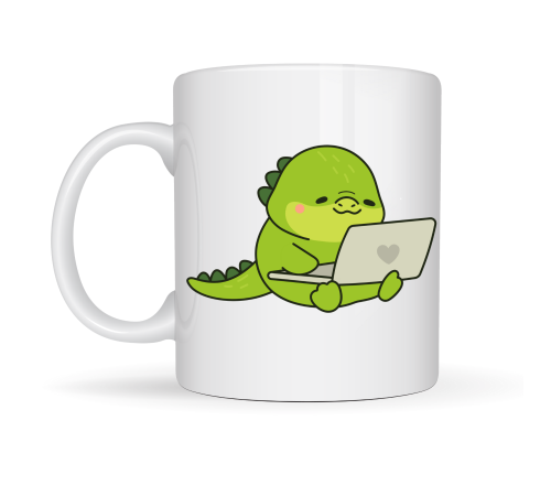 Sevimli Dinozor Tasarımlı Porselen Kupa MODEL 117 – Laptoplu Tatlı Dino Figürlü Ofis & Ev Kahve Kupası