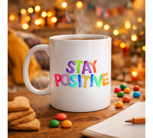 Stay Positive Baskılı Porselen Kupa MODEL 158 – Renkli Motivasyon Yazılı Kahve Kupası – Pozitif Mesajlı Hediye Kupa