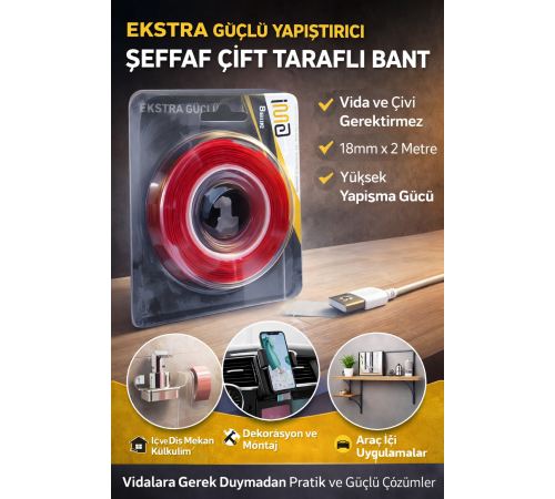 VHB Akrilik Silikon Bant 18mm x 2 Metre Şeffaf Çift Taraflı Güçlü Yapıştırıcı Bant