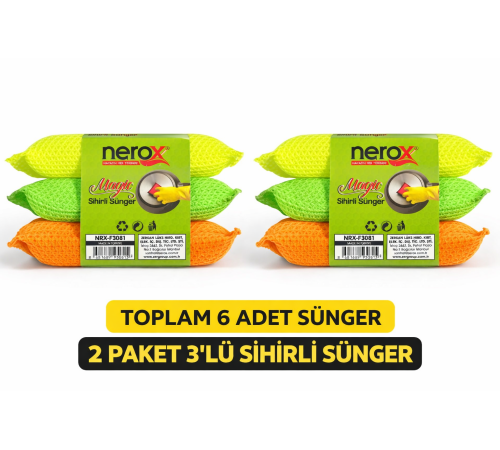 Nerox Magic Sihirli Sünger 3'lü 2 Paket Toplam 6 Adet Çok Amaçlı Temizlik Süngeri Mutfak Bulaşık Banyo Temizlik Süngeri