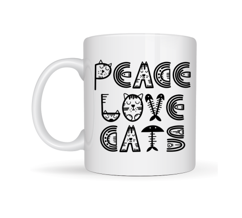 Peace Love Cats – Sevimli Kedi Desenli Porselen Kupa MODEL 60 Kahve & Çay Kupası