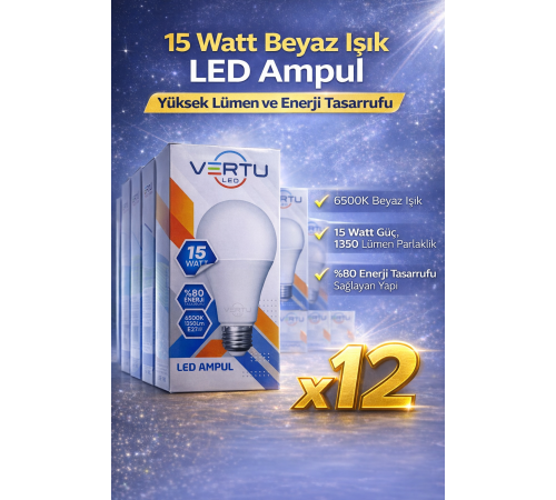 LED Ampul 15 Watt Beyaz Işık 6500K Yüksek Lümen E27 Duy Enerji Tasarruflu 12 Adet