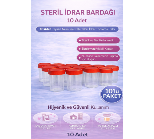 Steril İdrar Kabı Kapasiteli Numune Toplama Kabı 10 Adet