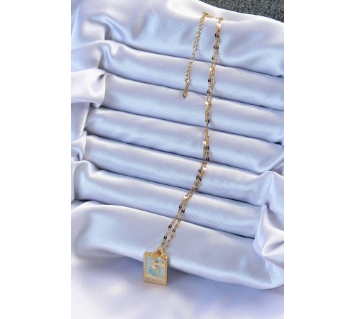 316L Çelik Zincir Altın Renk Mavi Mineli Tarot Kolye