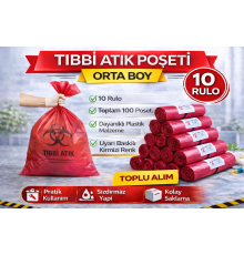 Tıbbi Atık Poşeti Orta Boy 10'lu 10 Rulo Kırmızı Tıbbi Atık Atık Poşeti Seti