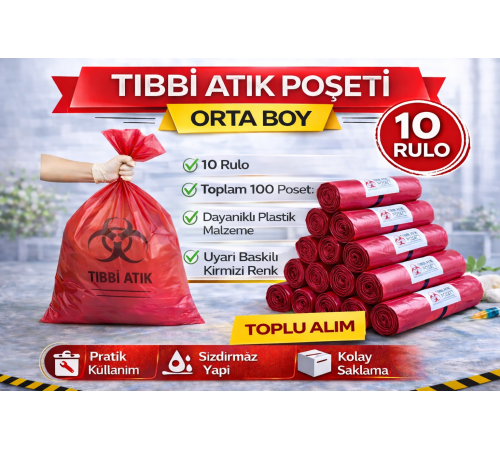 Tıbbi Atık Poşeti Orta Boy 10'lu 10 Rulo Kırmızı Tıbbi Atık Atık Poşeti Seti