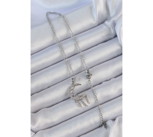 316L Çelik Zincir Gümüş Renk İşlemeli Zirkon Taşlı Ay Kolye