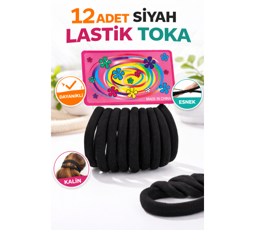 12 Adet Siyah Lastik Toka Kalın Saç Lastiği Dayanıklı Esnek Saç Toplama Tokası Kadın ve Kız Çocuk Saç Aksesuarı