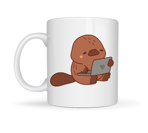 Sevimli Ornitorenk Tasarımlı Porselen Kupa MODEL 116 – Laptoplu Tatlı Hayvan Figürlü Kahve Kupası , Ofis & Ev Kullanımı