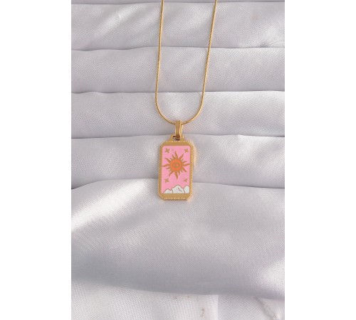 316L Çelik Gold Renk Pembe Mineli Güneş Model Tarot Kolye