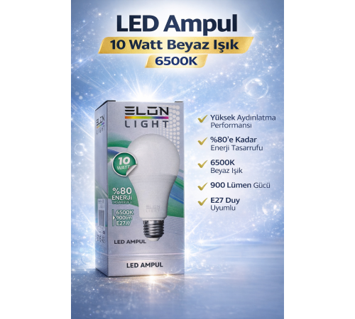 LED Ampul 10 Watt Beyaz Işık 6500K Yüksek Aydınlatma E27 Duy Enerji Tasarruflu