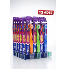 Difaş Kids Çocuk Diş Fırçası 12 Adet Standlı Yumuşak Kıllı Koruyucu Kapaklı Toplu Paket