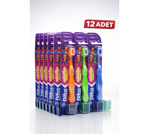 Difaş Kids Çocuk Diş Fırçası 12 Adet Standlı Yumuşak Kıllı Koruyucu Kapaklı Toplu Paket