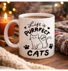 Life is Purrfect with Cats – Kedi Desenli Porselen Kupa MODEL 62 Sevimli Kedi Figürlü Kahve Kupası